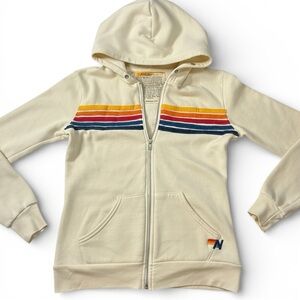 Aviator Nation Vintage Rainbow Stripe Zip Hoodie Cream S Made USA Retro Surf